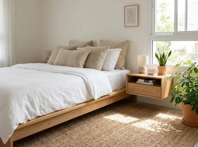 חדר שינה עם מיטת עץ ומצעים לבנים